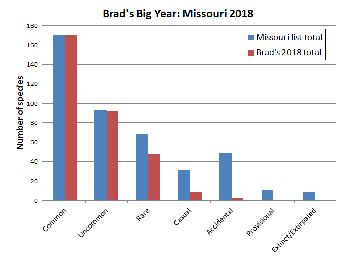Number of species Brad saw during his Big Year compared to the number on the Missouri list in each of the following catgories: Common, Uncommon, Rare, Accidental, Provisional, Extinct/Extirpated